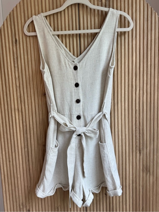 Adibosy Pants - Adibosy Linen-Blend Button Front Romper with Tie-Waist in Natural/Oatmeal
